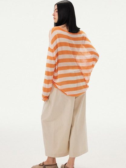 DIDDI MODA Fruit Print Striped Drop Shoulder Loose Round Neck Women&