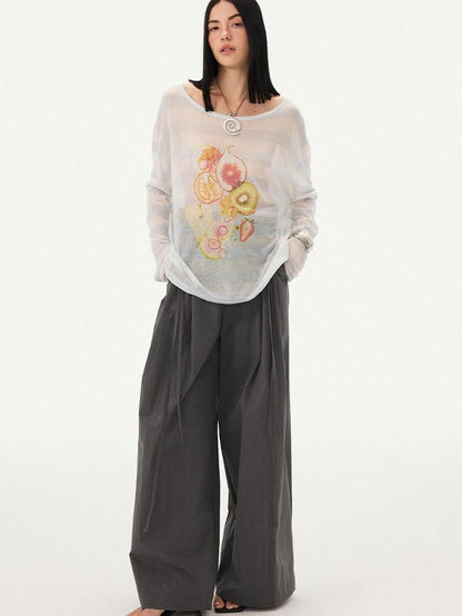 DIDDI MODA Fruit Print Striped Drop Shoulder Loose Round Neck Women&