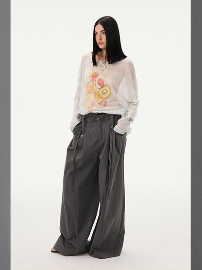 DIDDI MODA Fruit Print Striped Drop Shoulder Loose Round Neck Women&