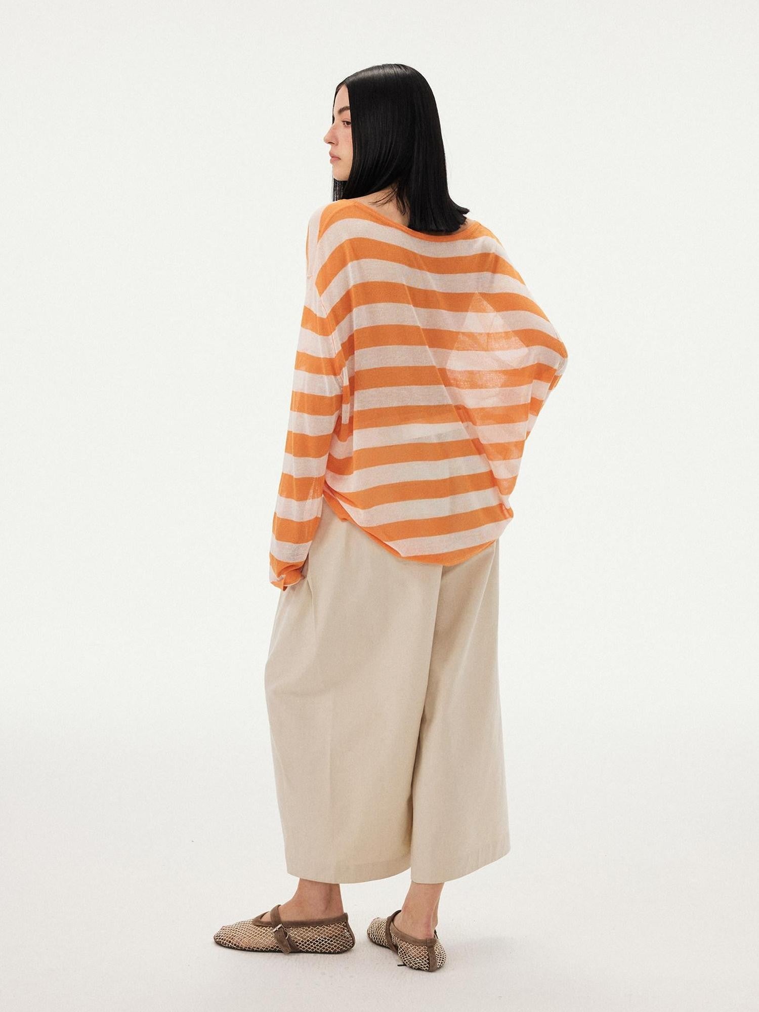 DIDDI MODA Fruit Print Striped Drop Shoulder Loose Round Neck Women&