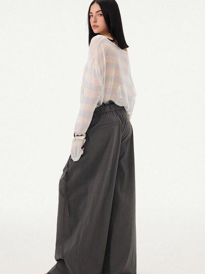 DIDDI MODA Fruit Print Striped Drop Shoulder Loose Round Neck Women&