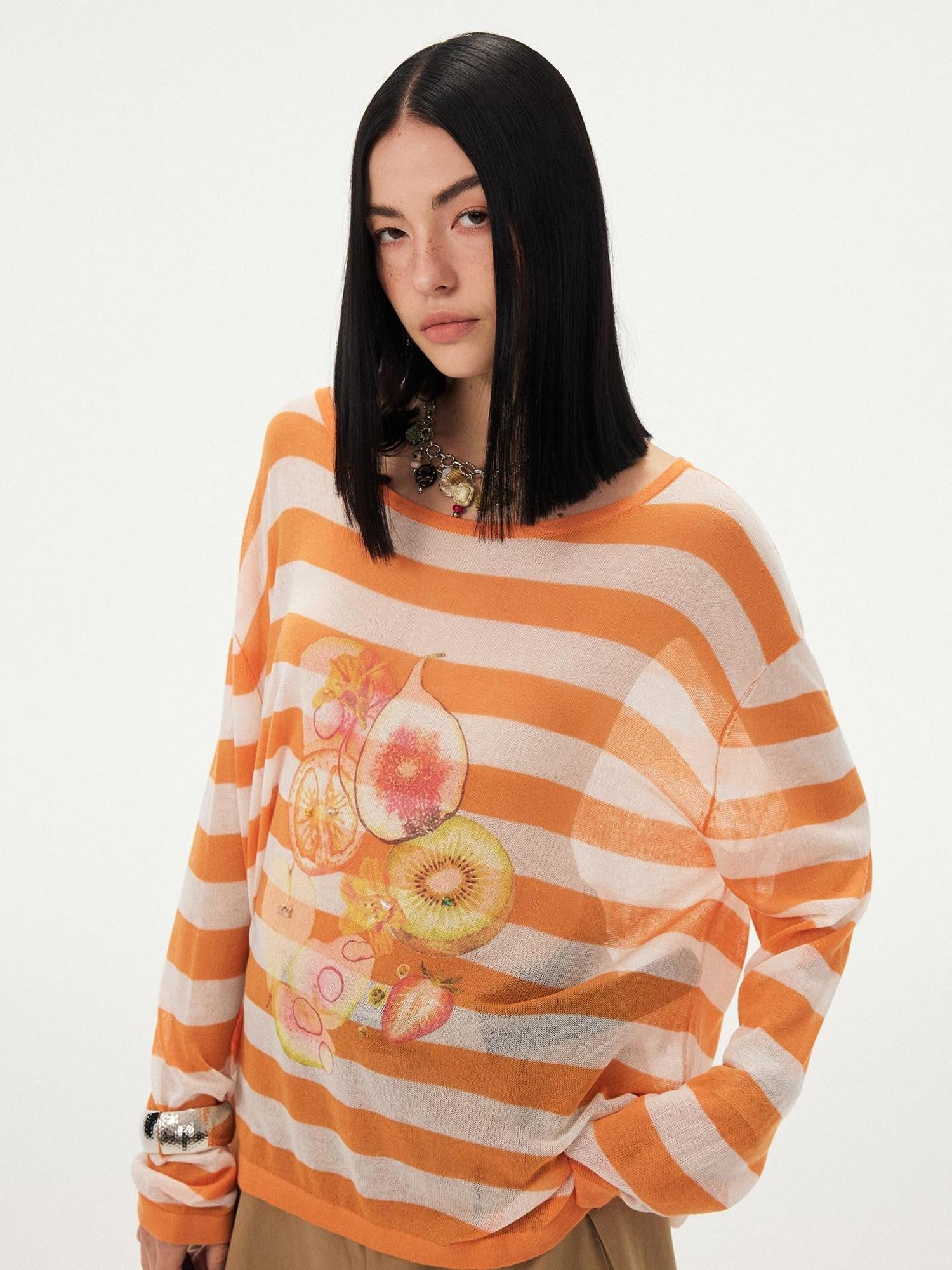 DIDDI MODA Fruit Print Striped Drop Shoulder Loose Round Neck Women&