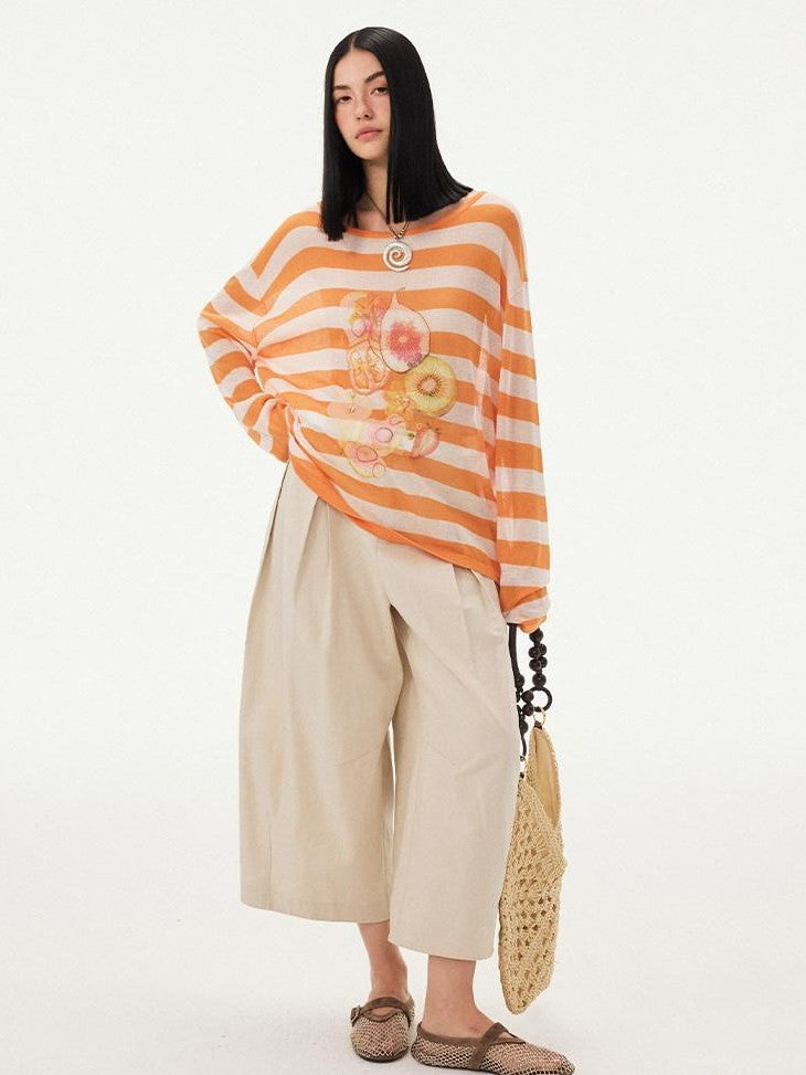 DIDDI MODA Fruit Print Striped Drop Shoulder Loose Round Neck Women&