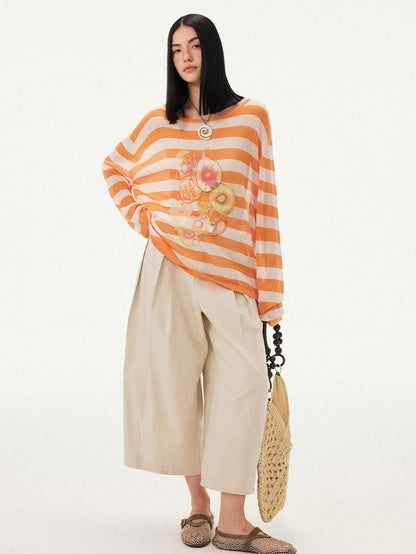 DIDDI MODA Fruit Print Striped Drop Shoulder Loose Round Neck Women&