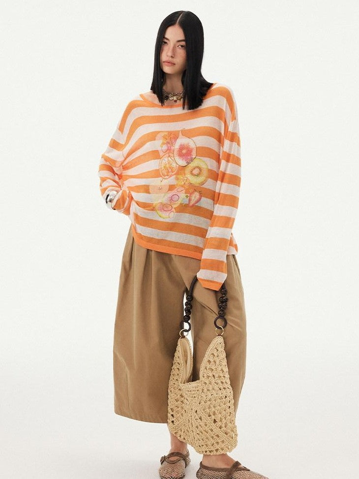 DIDDI MODA Fruit Print Striped Drop Shoulder Loose Round Neck Women&