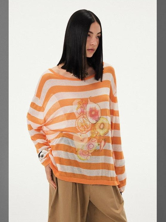 DIDDI MODA Fruit Print Striped Drop Shoulder Loose Round Neck Women&