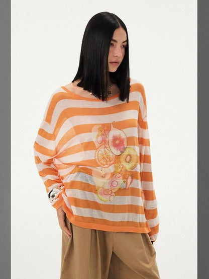 DIDDI MODA Fruit Print Striped Drop Shoulder Loose Round Neck Women&