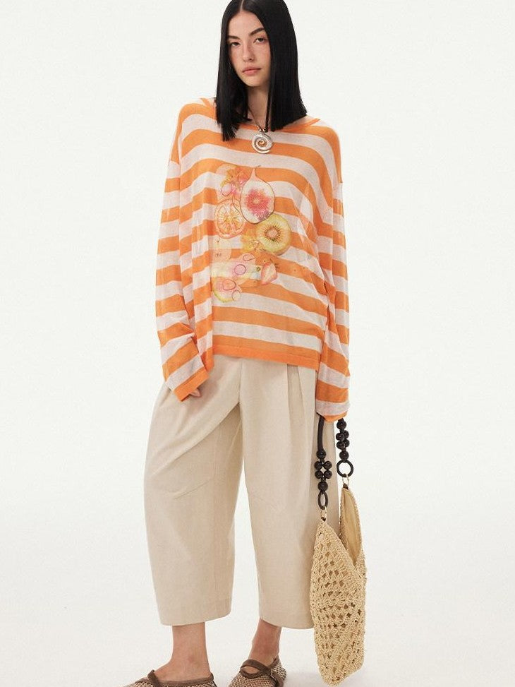 DIDDI MODA Fruit Print Striped Drop Shoulder Loose Round Neck Women&