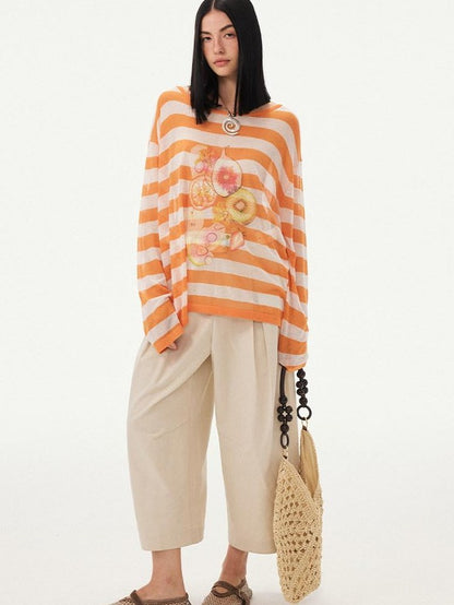 DIDDI MODA Fruit Print Striped Drop Shoulder Loose Round Neck Women&