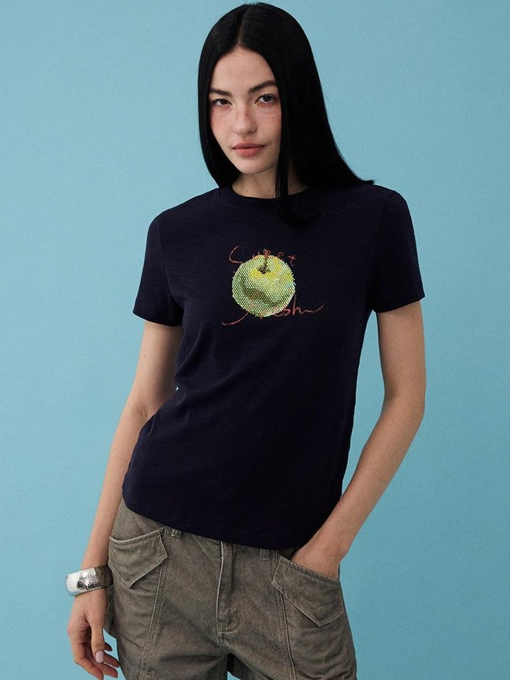 DIDDI MODA Fruit Rhinestone Crew Neck Slim Fit Women&