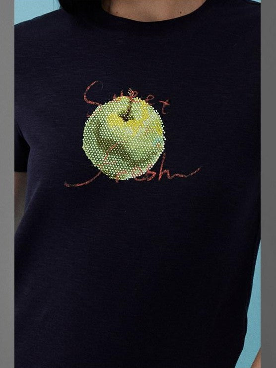 DIDDI MODA Fruit Rhinestone Crew Neck Slim Fit Women&