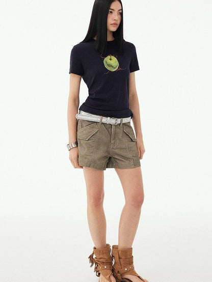 DIDDI MODA Fruit Rhinestone Crew Neck Slim Fit Women&