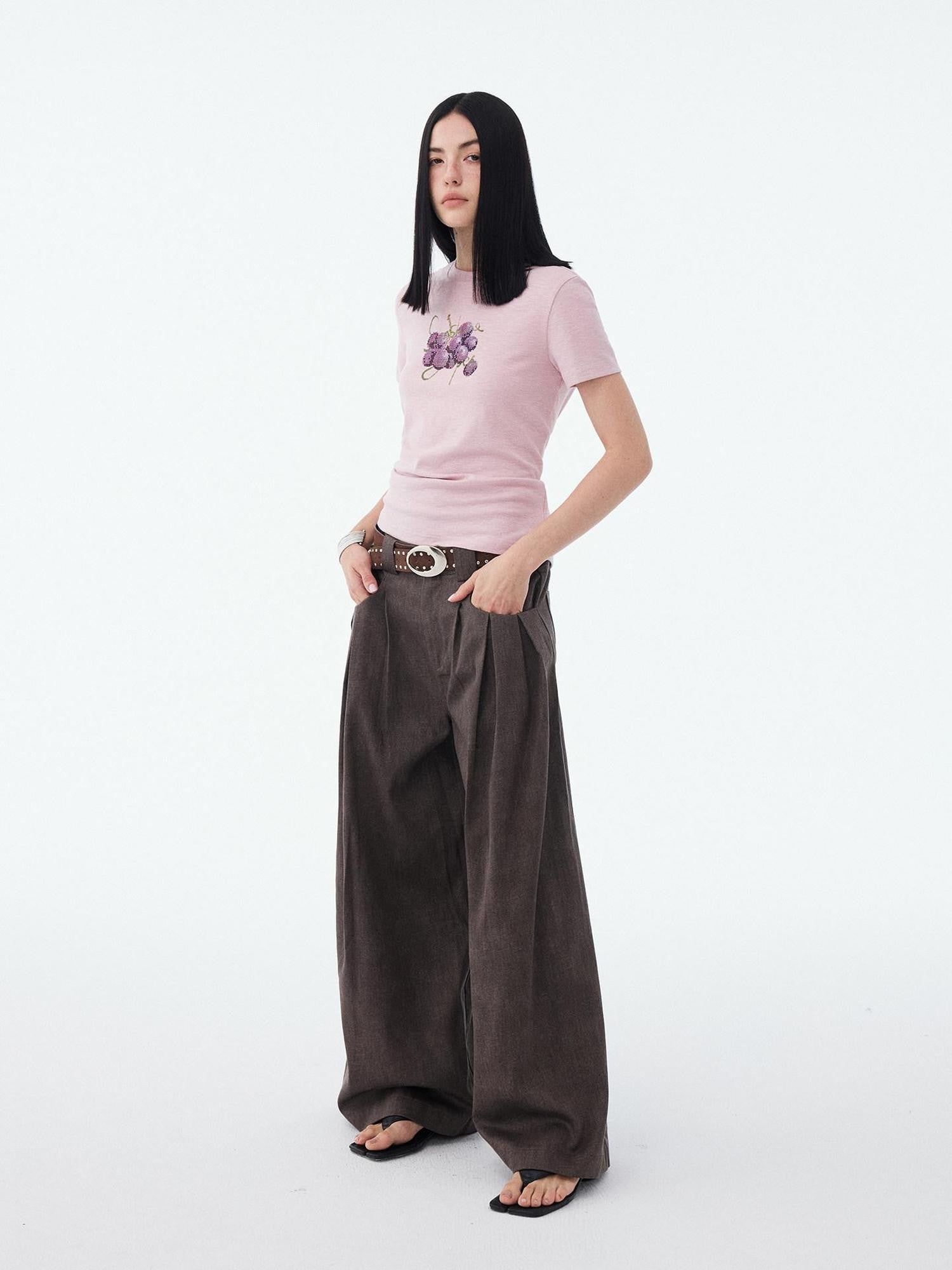 DIDDI MODA Fruit Rhinestone Crew Neck Slim Fit Women&