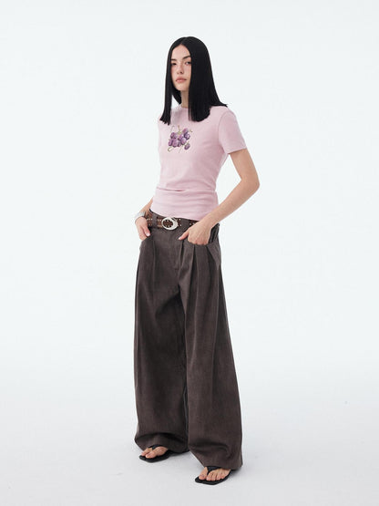 DIDDI MODA Fruit Rhinestone Crew Neck Slim Fit Women&