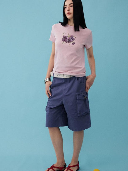 DIDDI MODA Fruit Rhinestone Crew Neck Slim Fit Women&