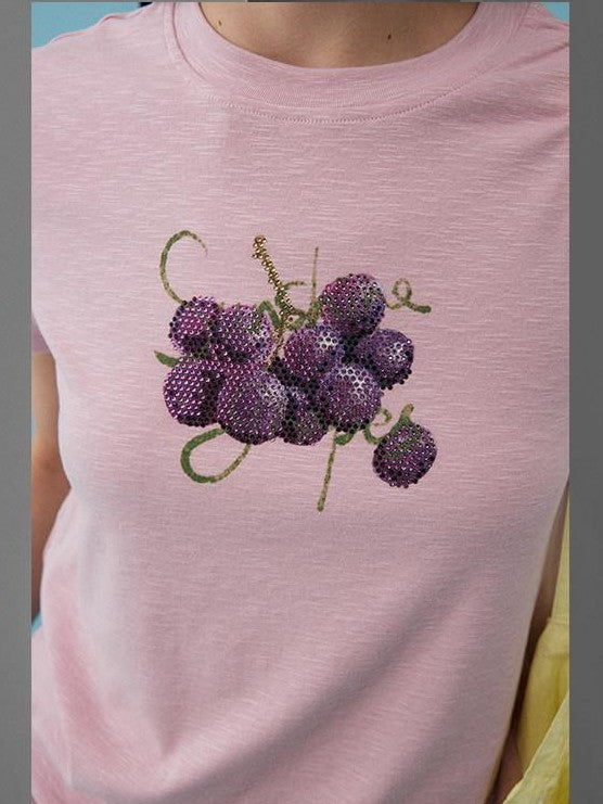 DIDDI MODA Fruit Rhinestone Crew Neck Slim Fit Women&