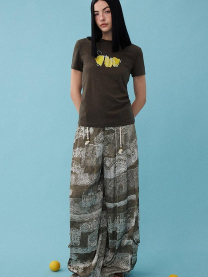 DIDDI MODA Fruit Rhinestone Crew Neck Slim Fit Women&