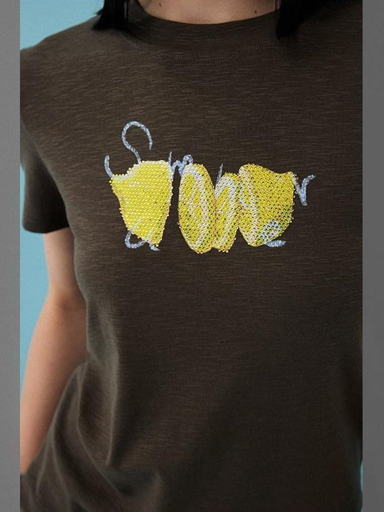 DIDDI MODA Fruit Rhinestone Crew Neck Slim Fit Women&