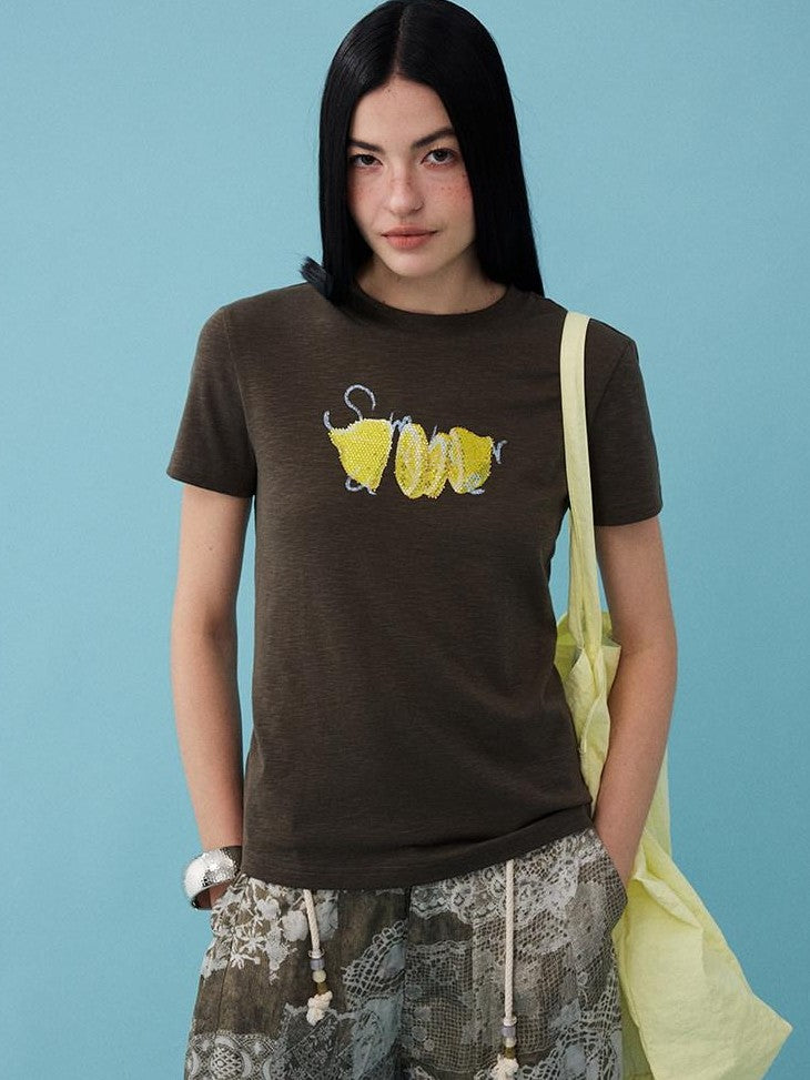 DIDDI MODA Fruit Rhinestone Crew Neck Slim Fit Women&