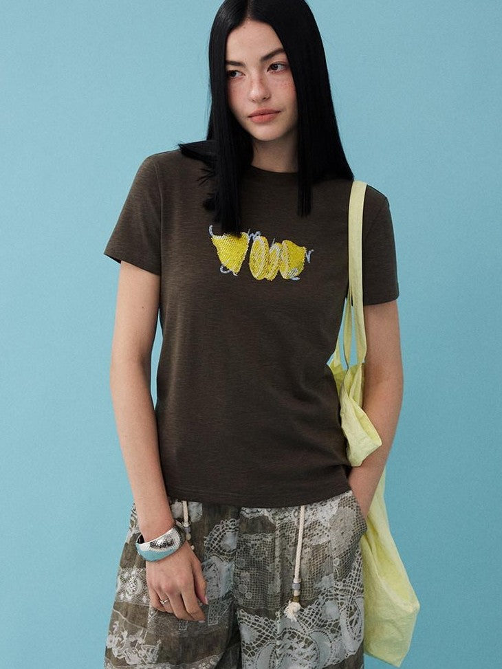 DIDDI MODA Fruit Rhinestone Crew Neck Slim Fit Women&