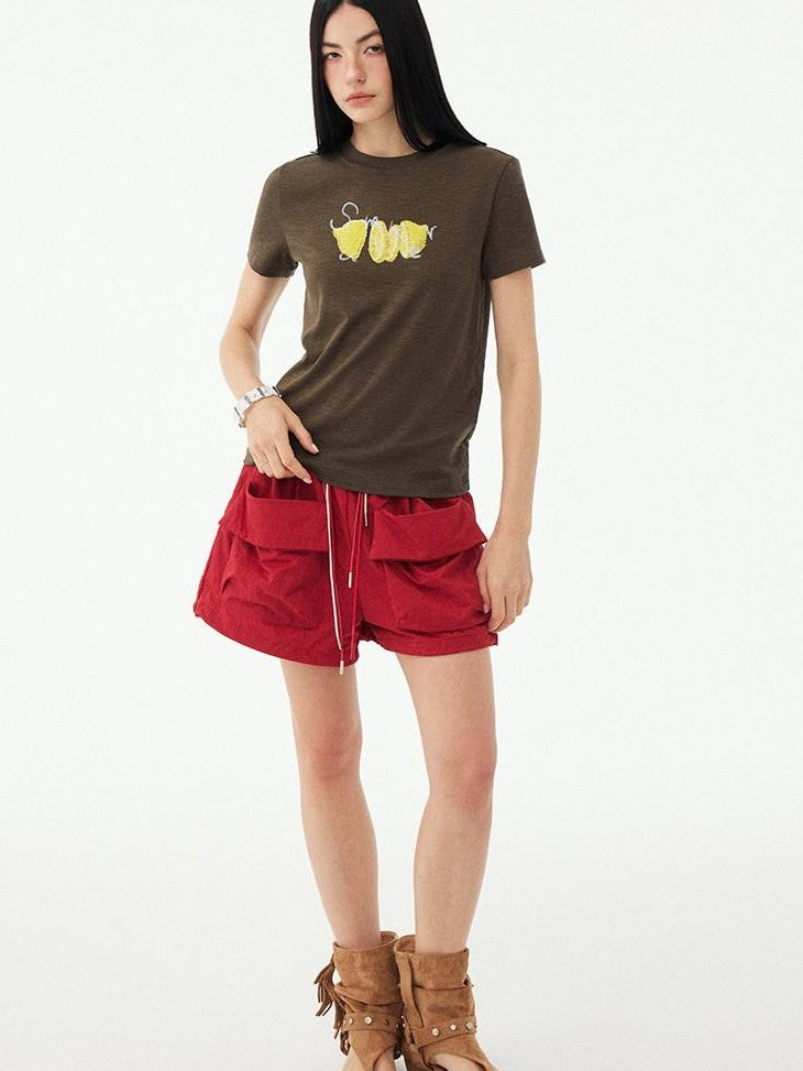 DIDDI MODA Fruit Rhinestone Crew Neck Slim Fit Women&