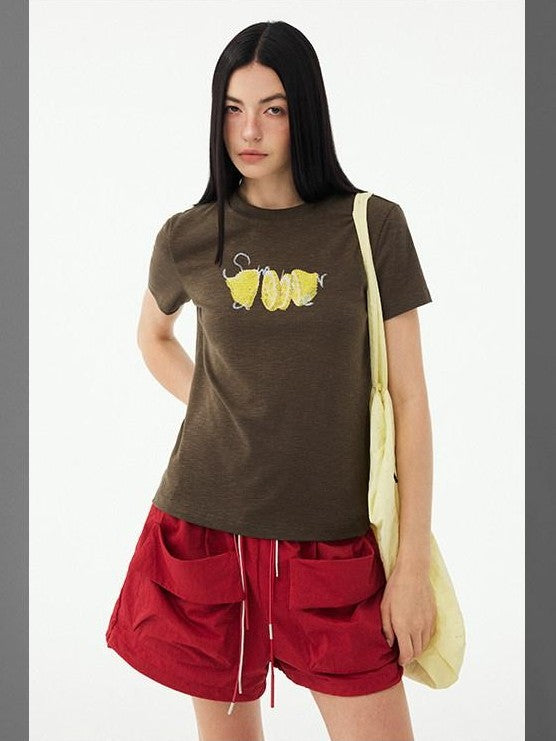DIDDI MODA Fruit Rhinestone Crew Neck Slim Fit Women&