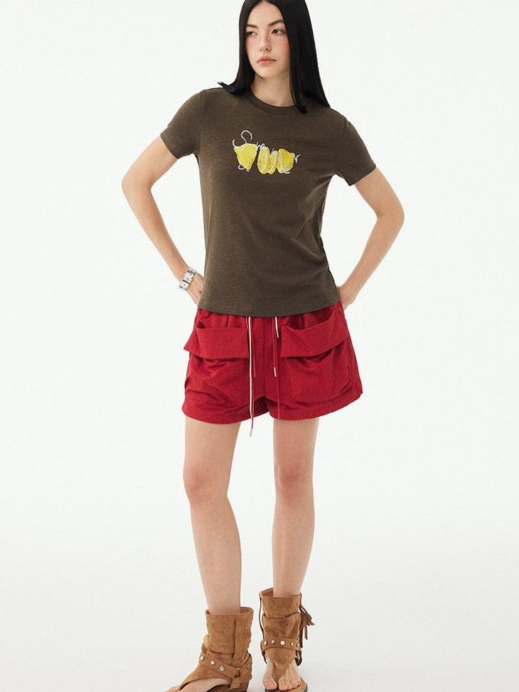 DIDDI MODA Fruit Rhinestone Crew Neck Slim Fit Women&
