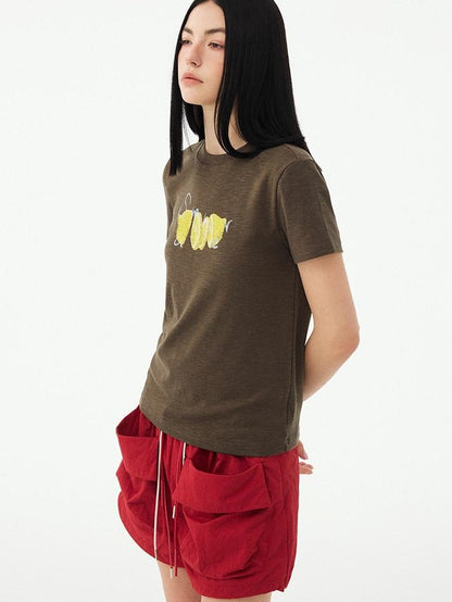 DIDDI MODA Fruit Rhinestone Crew Neck Slim Fit Women&