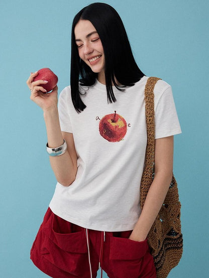 DIDDI MODA Fruit Rhinestone Crew Neck Slim Fit Women&