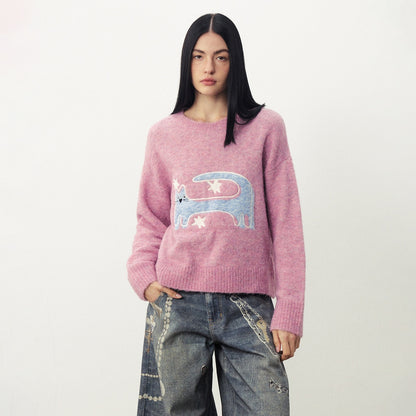 DIDDI_MODA_Funny_Cat_Jacquard_Loose_Fit_Wool_Blend_Women&