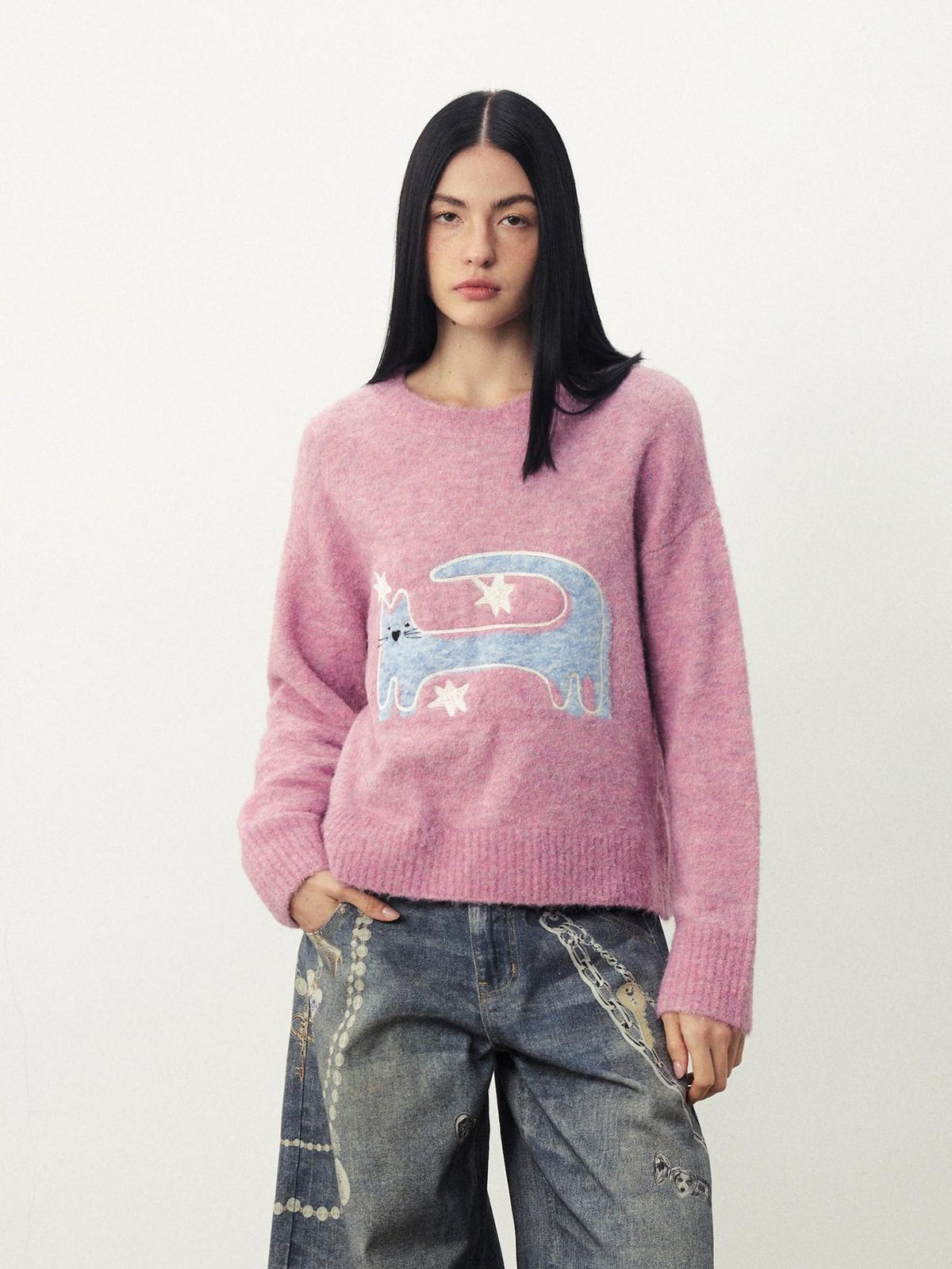 DIDDI MODA Funny Cat Jacquard Loose Fit Wool Blend Women&
