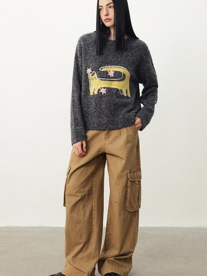DIDDI MODA Funny Cat Jacquard Loose Fit Wool Blend Women&