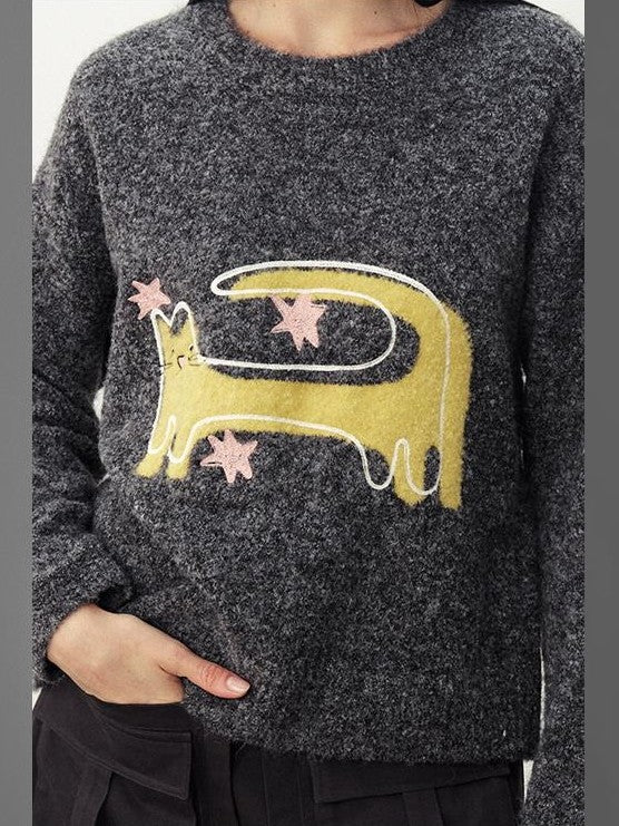 DIDDI MODA Funny Cat Jacquard Loose Fit Wool Blend Women&