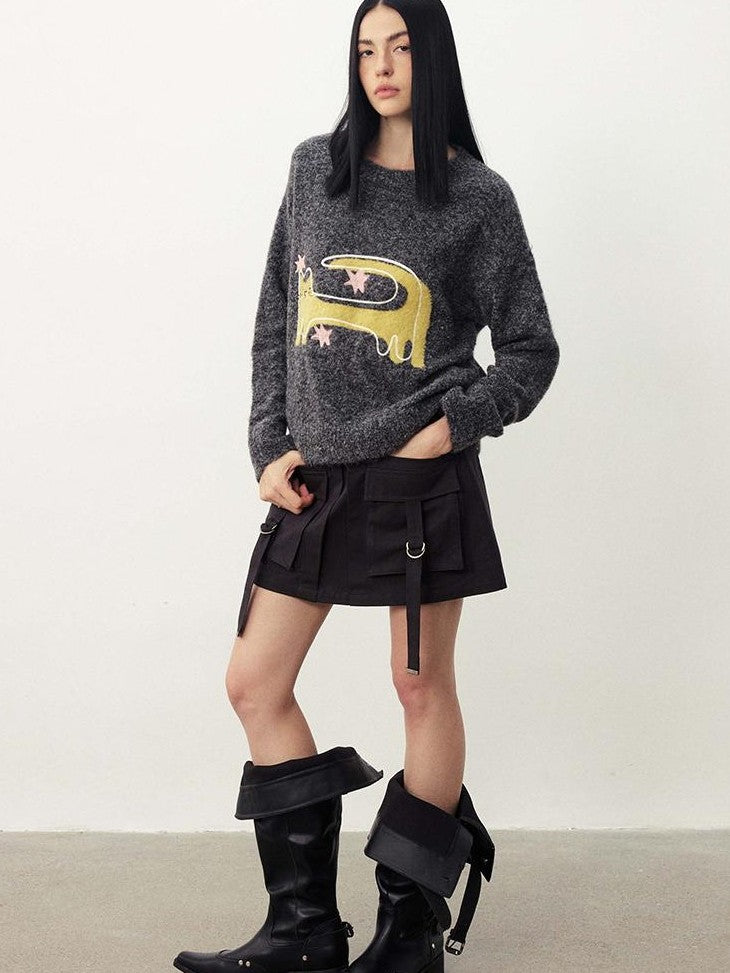 DIDDI MODA Funny Cat Jacquard Loose Fit Wool Blend Women&