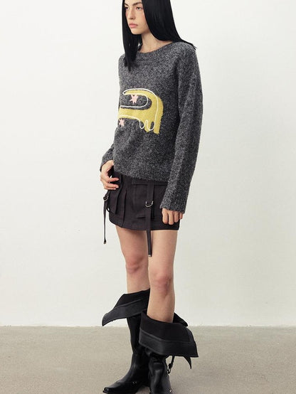 DIDDI MODA Funny Cat Jacquard Loose Fit Wool Blend Women&