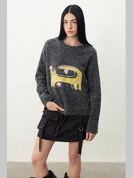 DIDDI MODA Funny Cat Jacquard Loose Fit Wool Blend Women&