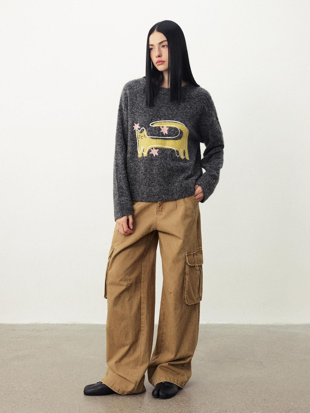 DIDDI MODA Funny Cat Jacquard Loose Fit Wool Blend Women&