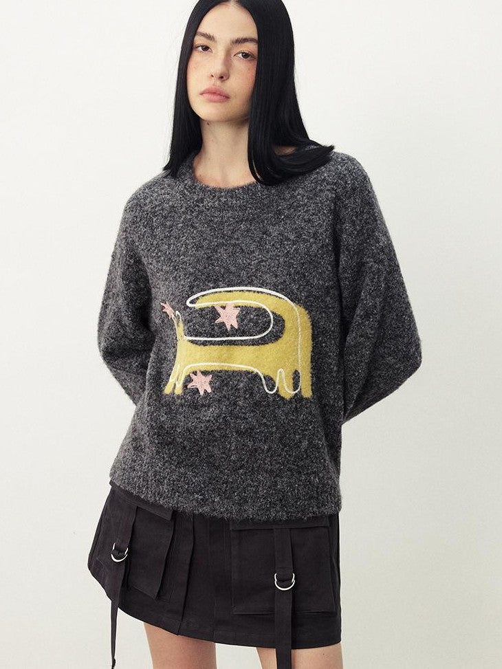 DIDDI MODA Funny Cat Jacquard Loose Fit Wool Blend Women&