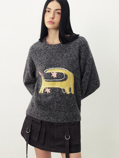 DIDDI MODA Funny Cat Jacquard Loose Fit Wool Blend Women&