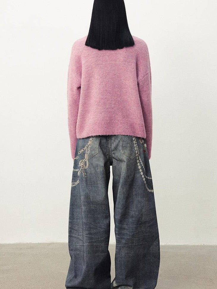 DIDDI MODA Funny Cat Jacquard Loose Fit Wool Blend Women&