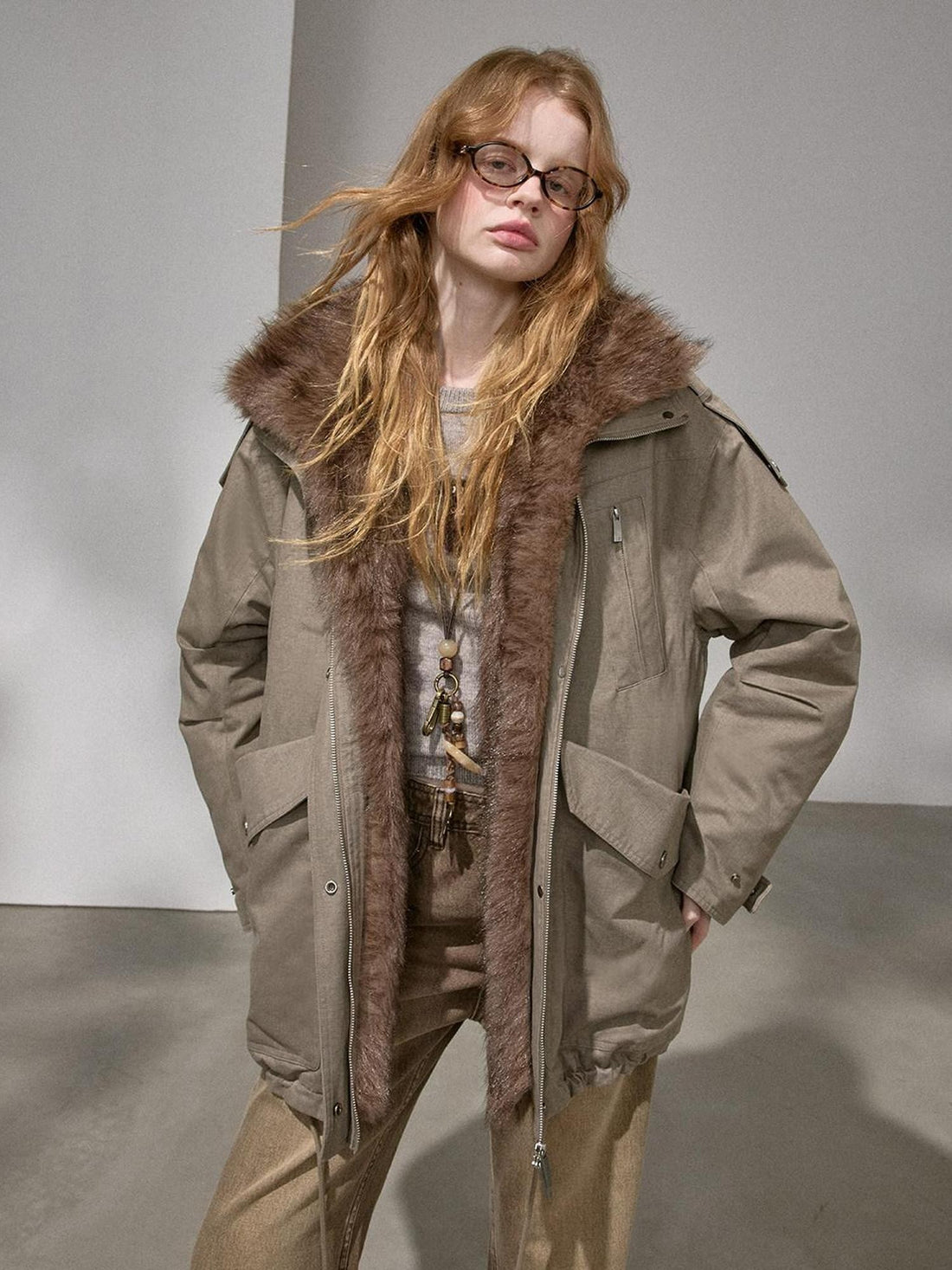 DIDDI MODA Fur Collar Leopard Print Spliced Women&