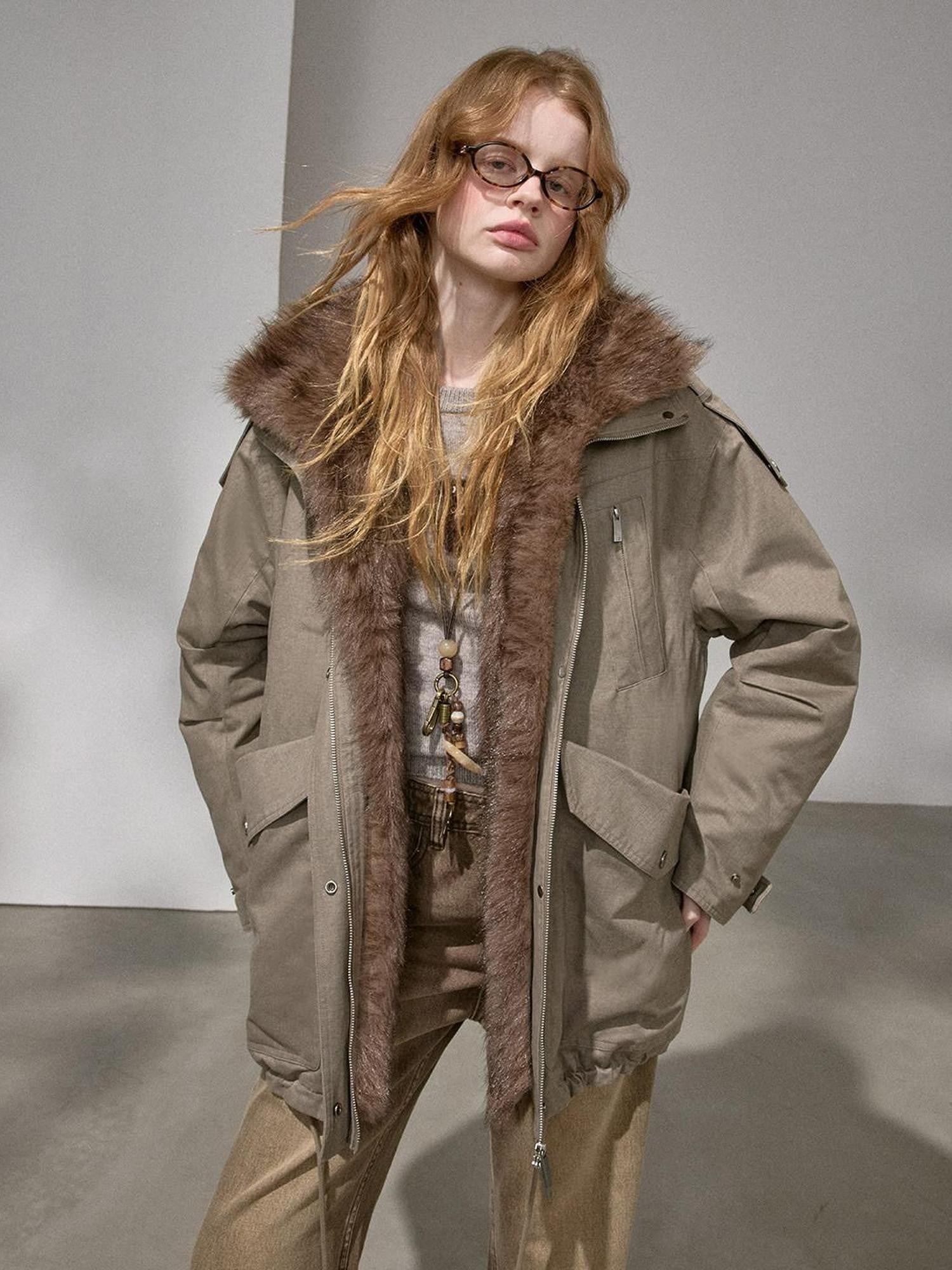 DIDDI MODA Fur Collar Leopard Print Spliced Women&