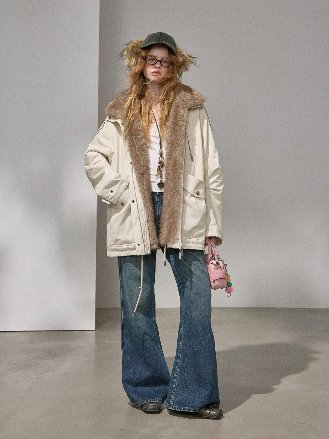 DIDDI MODA Fur Collar Parka Mid Length Loose Fit Women&