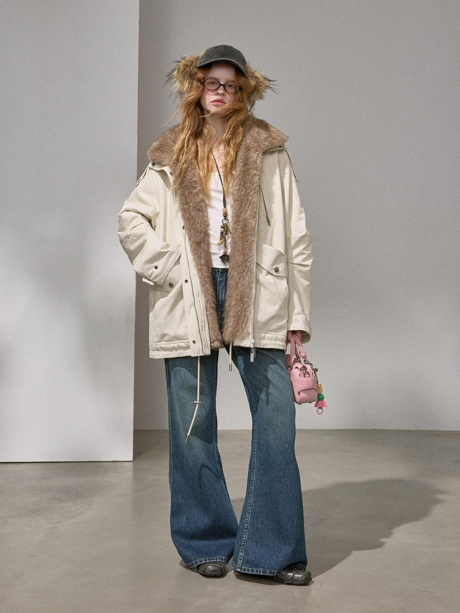 DIDDI MODA Fur Collar Parka Mid Length Loose Fit Women&