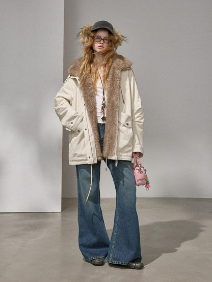 DIDDI MODA Fur Collar Parka Mid Length Loose Fit Women&