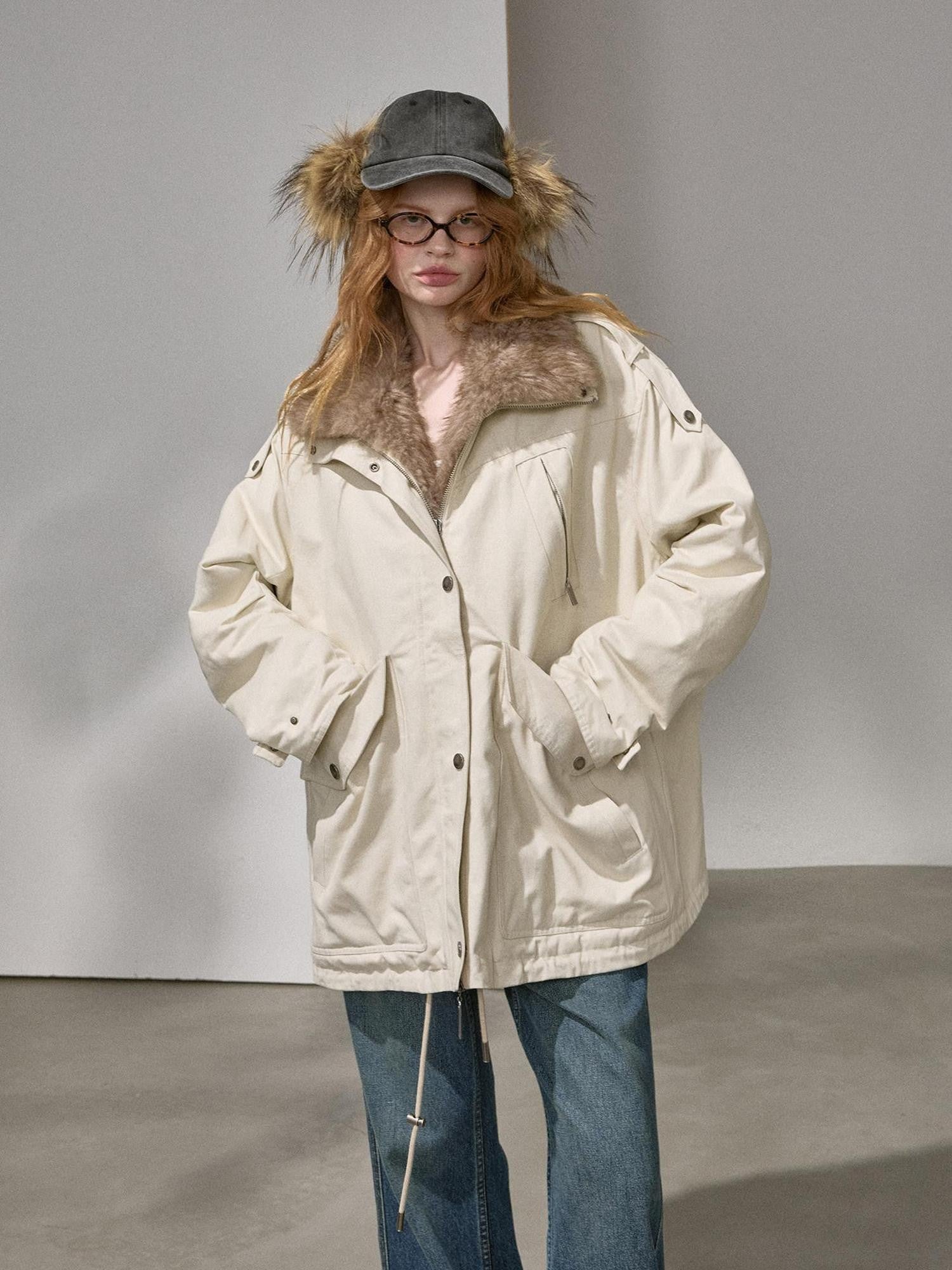 DIDDI MODA Fur Collar Parka Mid Length Loose Fit Women&