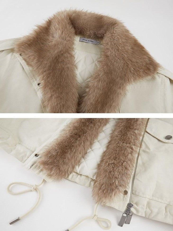 DIDDI MODA Fur Collar Parka Mid Length Loose Fit Women&
