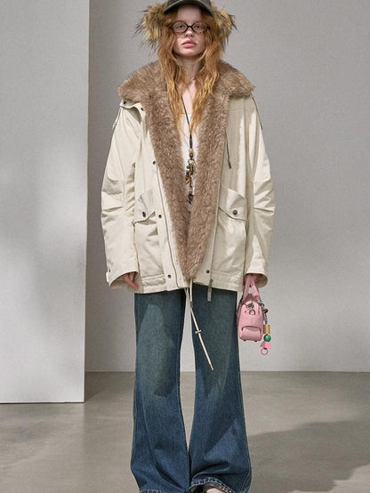 DIDDI MODA Fur Collar Parka Mid Length Loose Fit Women&