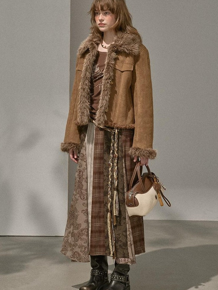 DIDDI MODA Fur Lined Faux Suede Turn Down Collar Women&