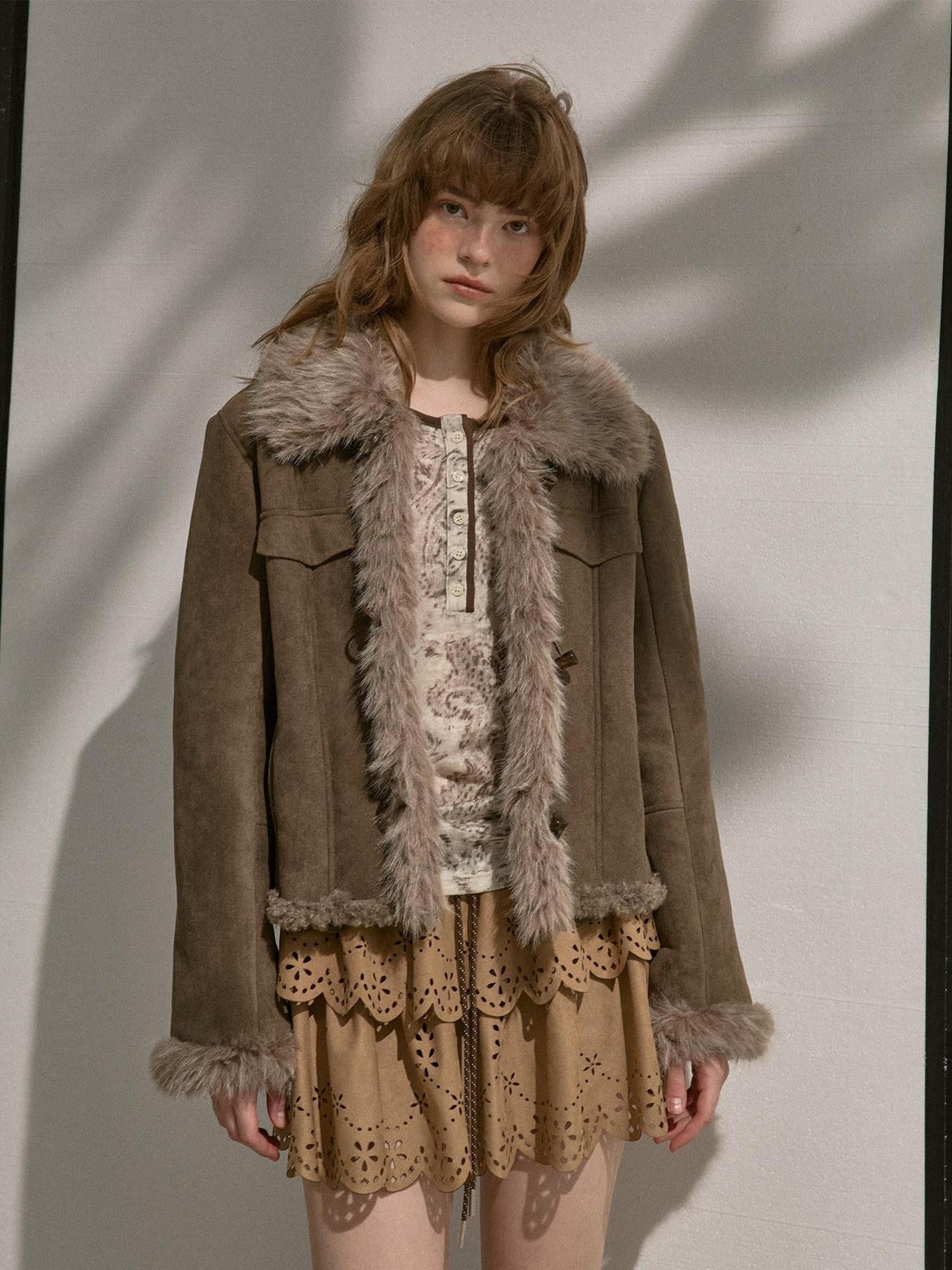 DIDDI MODA Fur Lined Faux Suede Turn Down Collar Women&